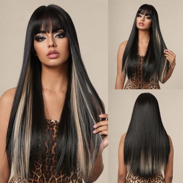 Goddess Wig Full Head European-Style New Straight Bangs Champagne Brown Long Straight Hair - Image 14