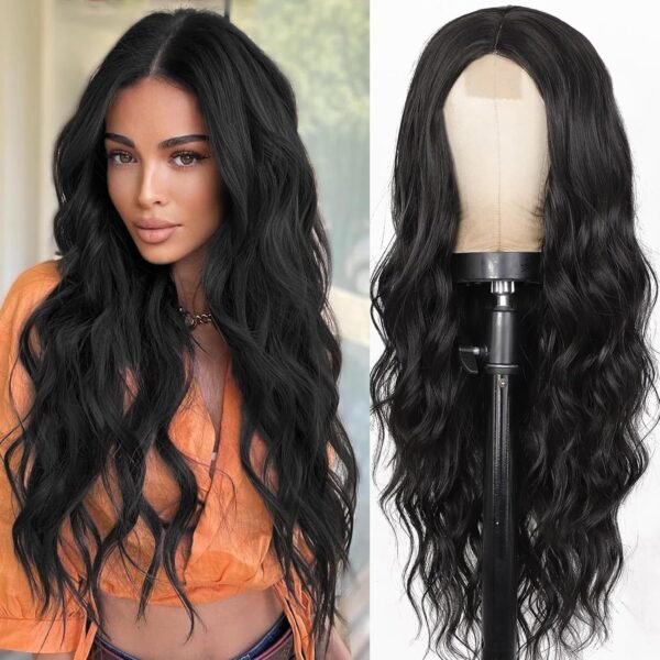 Hot 26-inch Lace Black Curly Hair Headgear for Women - Medium Long, Water Ripple, Chemical Fiber Design