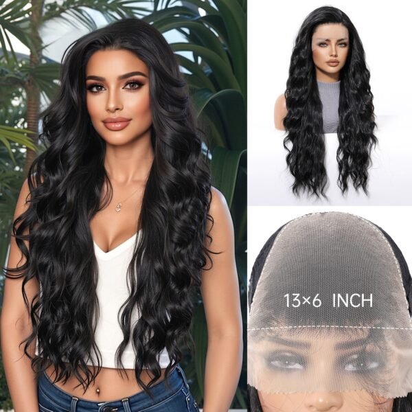 13X6 large area imported silk in black large waves long curly hair lace wig full head hair - Image 6