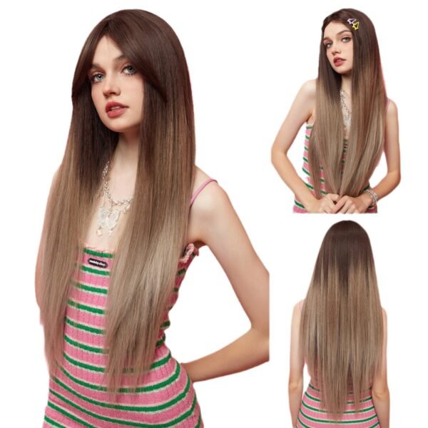 Goddess Wig Full Head European-Style New Straight Bangs Champagne Brown Long Straight Hair - Image 9