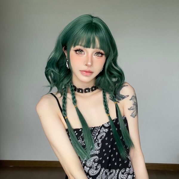 Wig Woman Green Short Hair Braided Spice Girl Style with Bangs - Stylish Hair Accessory for Bold Looks - Image 3