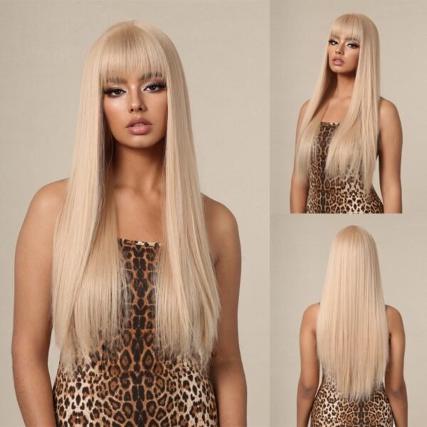 Goddess Wig Full Head European-Style New Straight Bangs Champagne Brown Long Straight Hair - Image 4