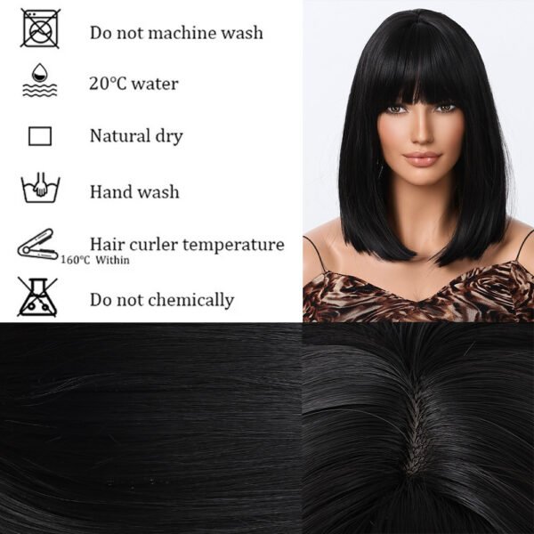 European and American daily wig short straight hair 14inch straight fringe black wig set full head set - Image 4