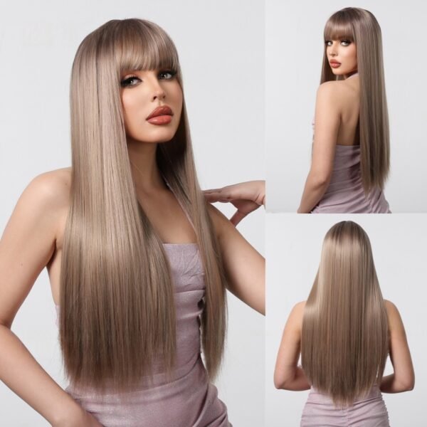 Goddess Wig Full Head European-Style New Straight Bangs Champagne Brown Long Straight Hair - Image 2