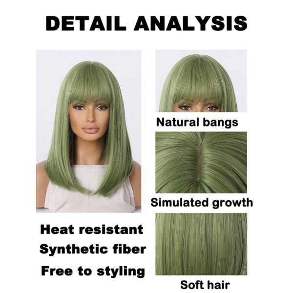 Wig Women's Green Daily Wig Head Set with Bangs Medium Long Straight Hair Tail Buckle, Medium Length, Straight Hair Design - Image 3