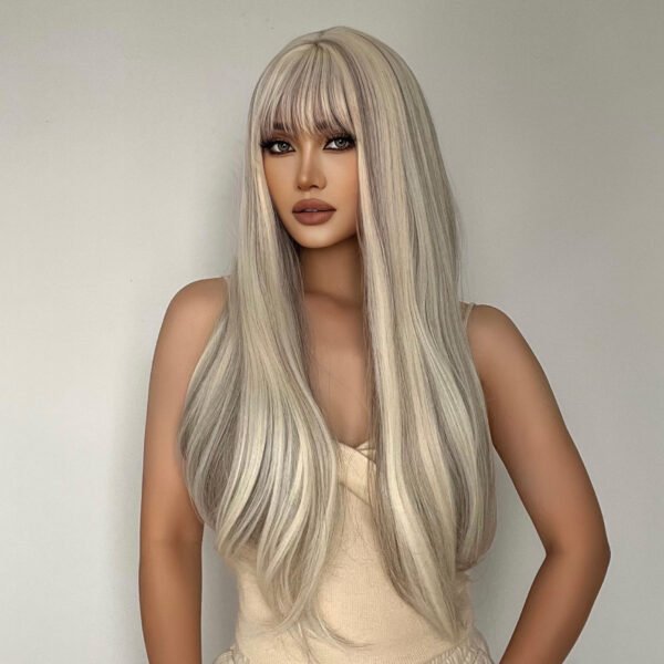 Goddess Wig Full Head European-Style New Straight Bangs Champagne Brown Long Straight Hair - Image 15