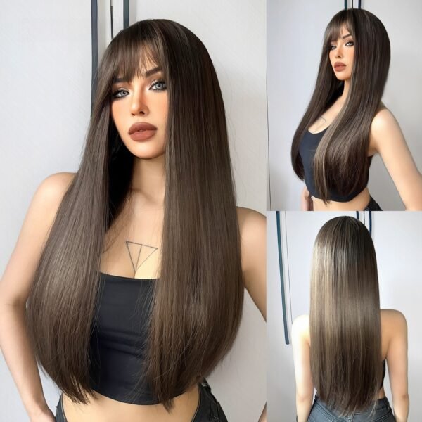 Goddess Wig Full Head European-Style New Straight Bangs Champagne Brown Long Straight Hair - Image 8