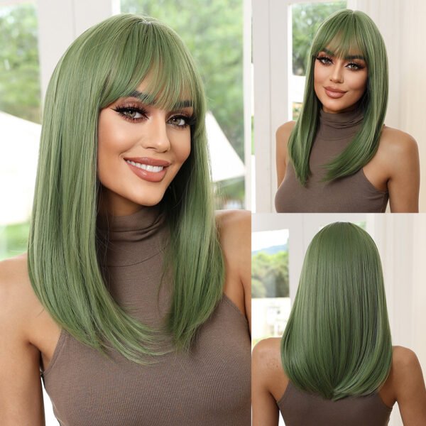 Wig Women's Green Daily Wig Head Set with Bangs Medium Long Straight Hair Tail Buckle, Medium Length, Straight Hair Design