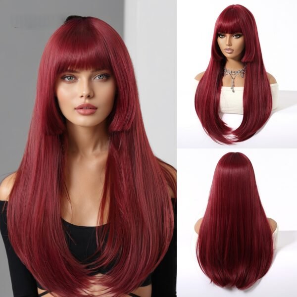 Goddess Wig Full Head European-Style New Straight Bangs Champagne Brown Long Straight Hair - Image 6