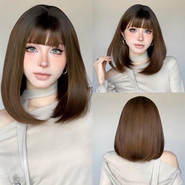 Wig Female Gradient Brown Bob Daily Clavicle Hair Micro Inside Buckle Student Bob Full Head Cover with Inside Buckle