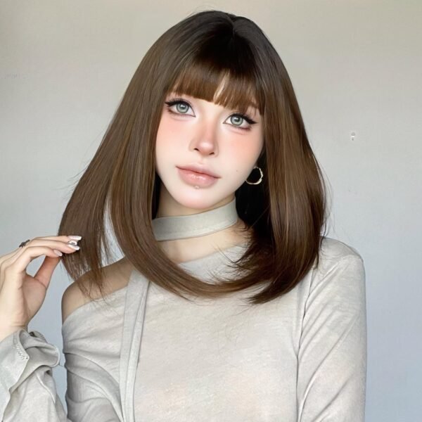 Wig Female Gradient Brown Bob Daily Clavicle Hair Micro Inside Buckle Student Bob Full Head Cover with Inside Buckle - Image 3