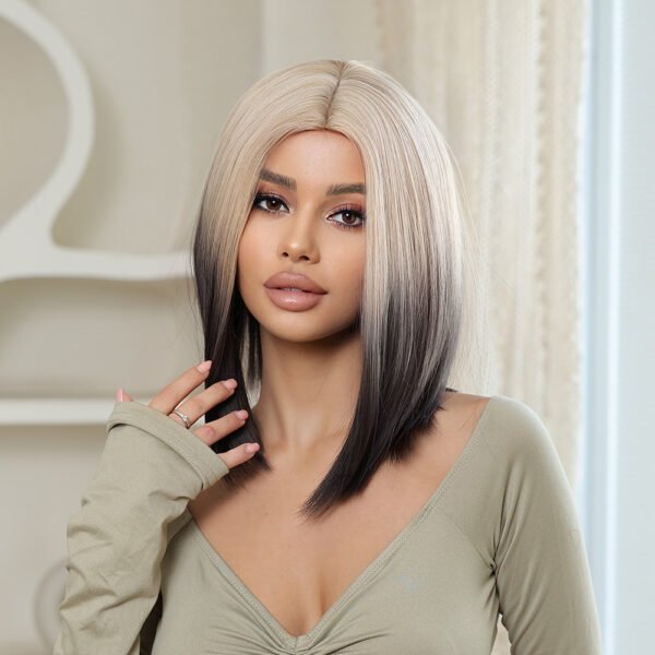 Wig woman 14inch midsection dyed wig light blonde gradient black wig set natural short straight hair - Image 3