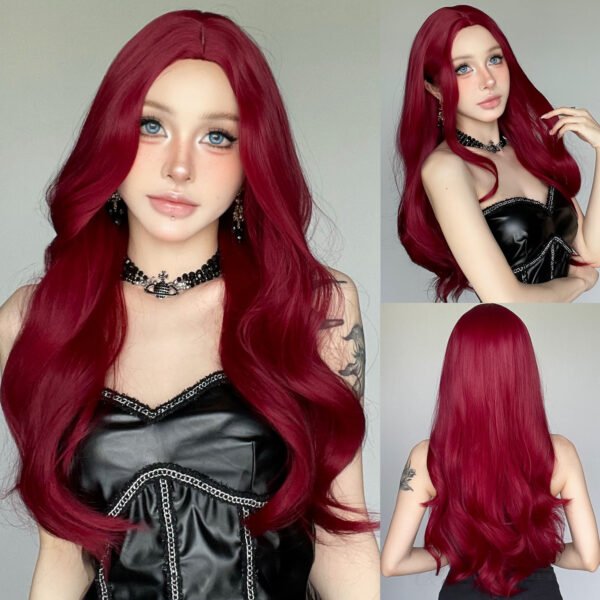 Wig Female Full Head Set Red Medium Parted Long Hair Big Wave Curly Hair - Comfortable and Stylish Hair Accessory